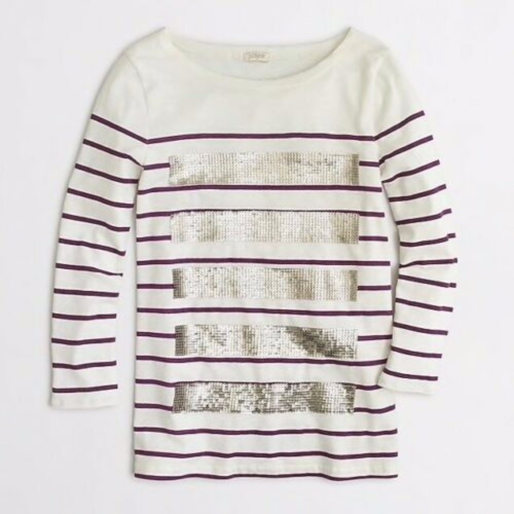 J Crew Womens Size S White Sequin Striped  Tee T-shirt 3/4 Sleeves Pullover Top